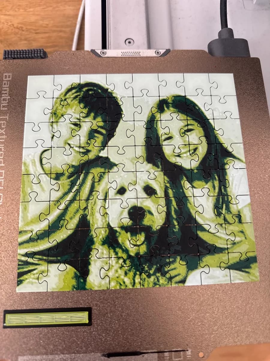 3D printed photo puzzle of two children and a golden retriever, four shades of green, fresh off the printer