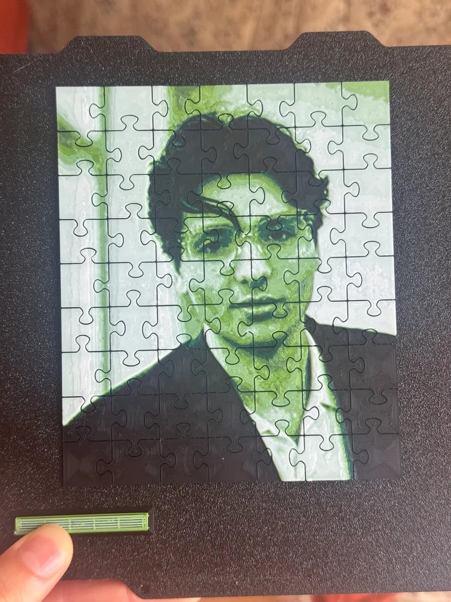 A 3D printed photo puzzle of a man in a dark jacket, printed in black, two greens and white, held on the build plate