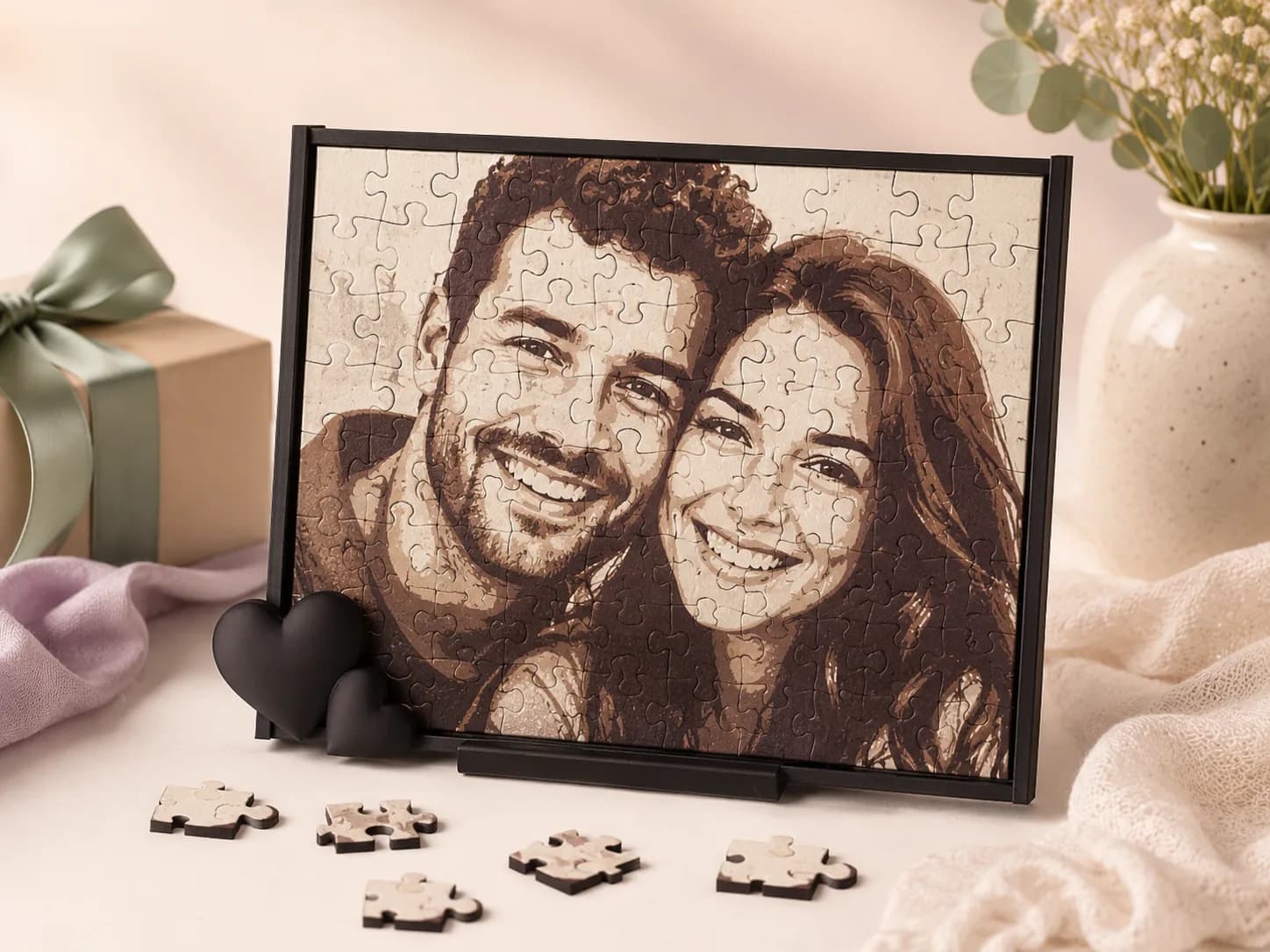 Finished personalized puzzle displayed in a black frame with loose pieces nearby