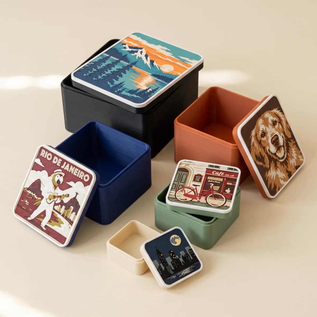Five Custom Photo Boxes in different sizes and colors, each partly open, with a different picture printed in relief on the lid