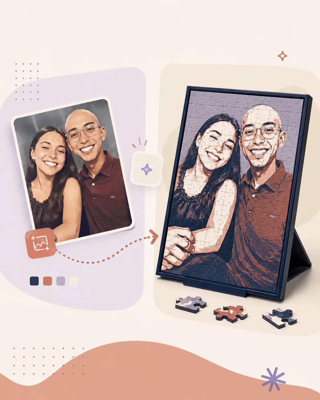 Custom 3D printed photo puzzle in a frame with display stand