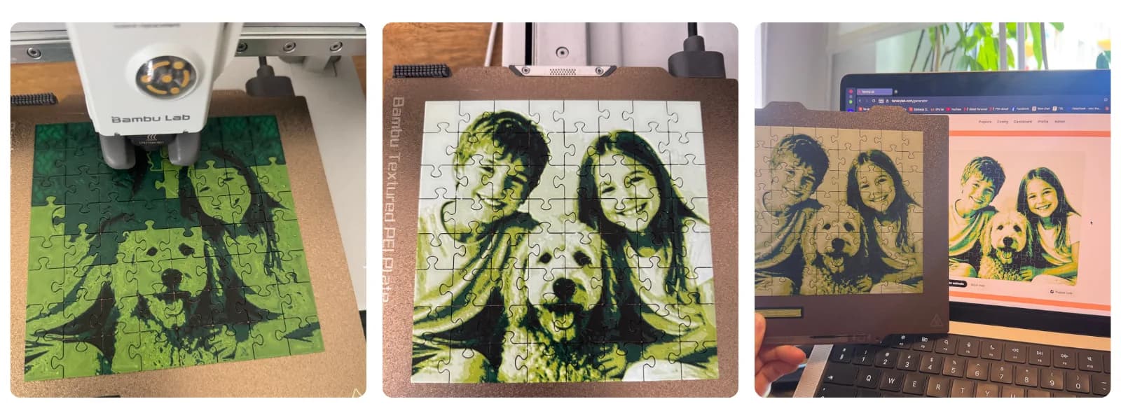 Real 3D printed photo puzzles of kids and a pet, next to the original photos they were made from