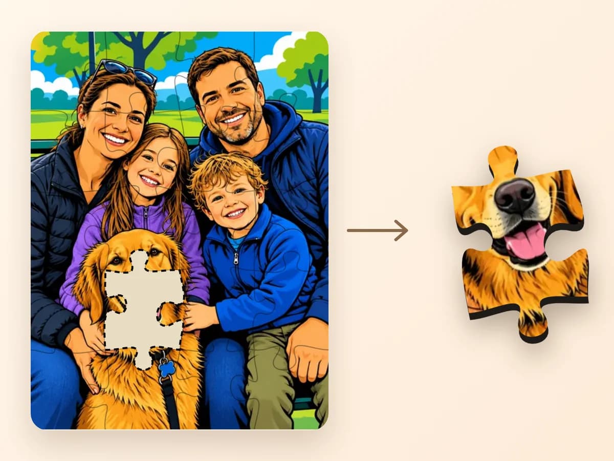 A family photo puzzle with one piece missing, and the single reprinted piece beside it