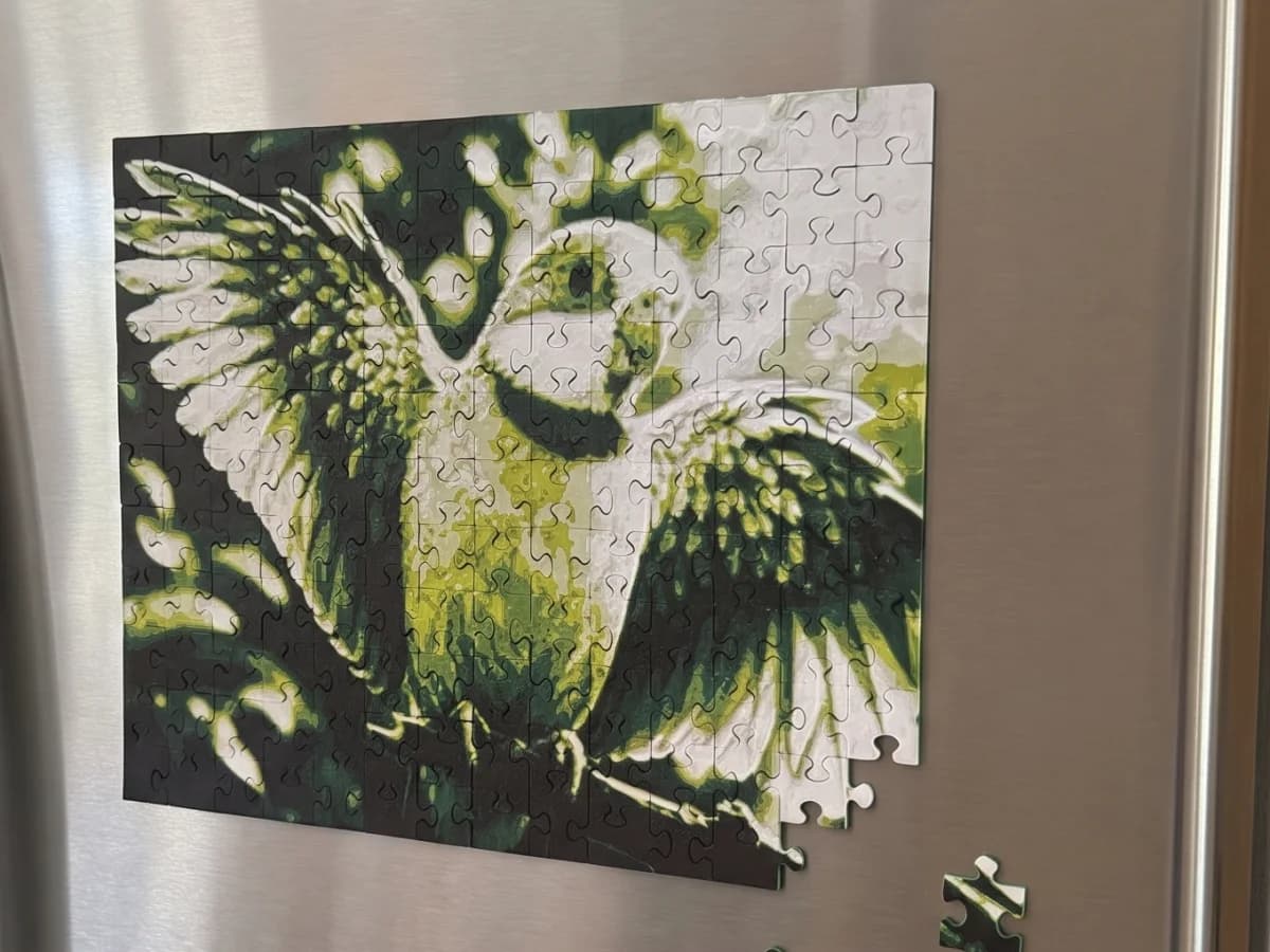 A 3D printed photo puzzle of a parrot with spread wings in green, white and black, assembled on a stainless steel fridge door with magnets, a few pieces still missing