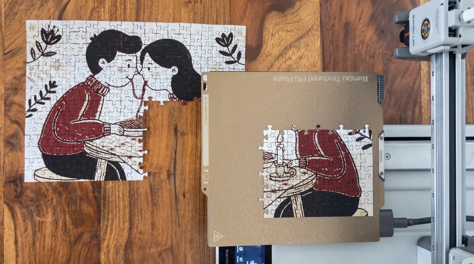 A large photo puzzle printed in parts on a small Bambu printer, one section on the plate and the rest assembled beside it