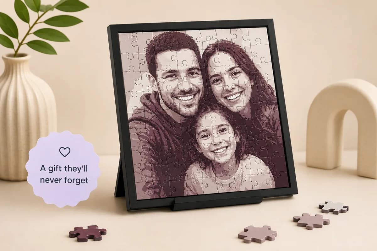 A 3D printed family photo puzzle standing in its frame on a shelf, a few pieces still loose in front